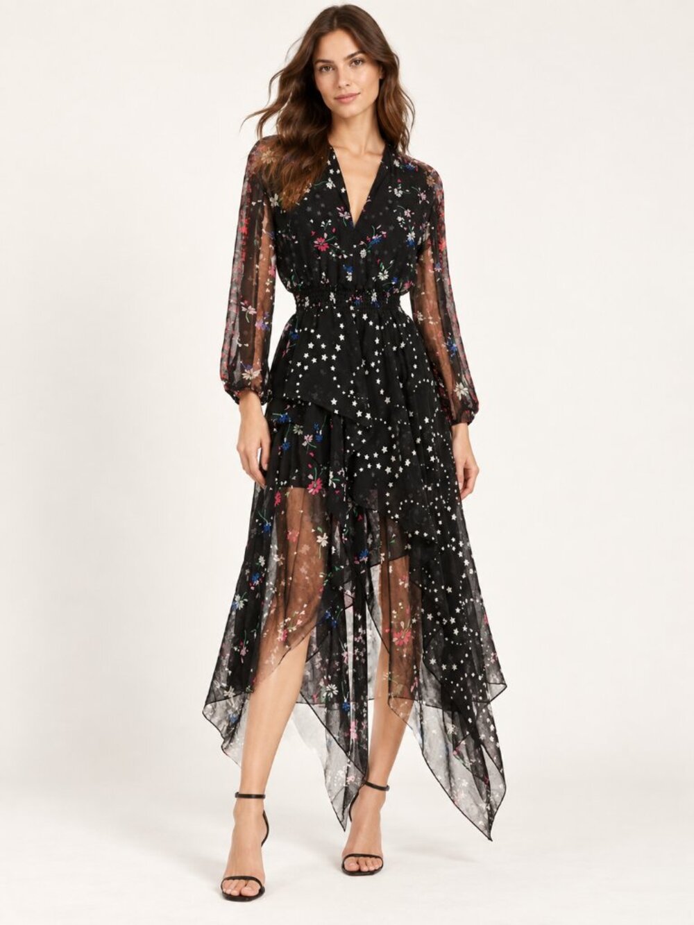 Maje Black Star Floral Chiffon High-Low Maxi Dress Size M 2